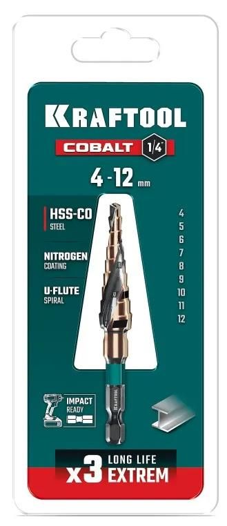 Сверло ступенчатое 4-12 мм, хвостовик HEX 1/4" M35 Cobalt Kraftool 29691-4-12-9, 9 ступеней - фото