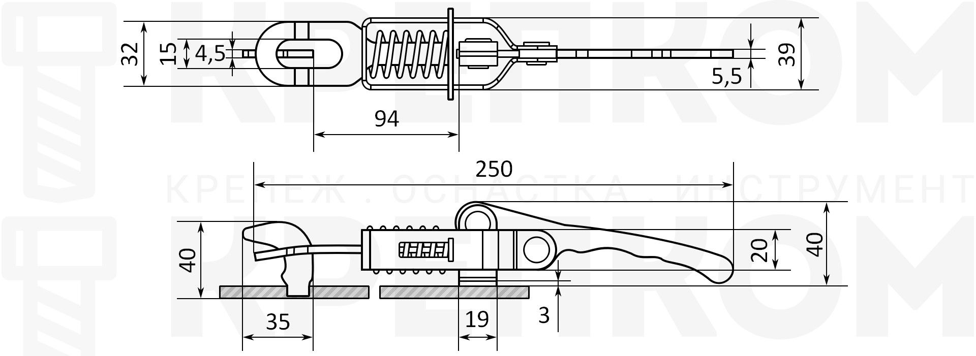 Замок-защелка с пружиной L=94 B75, желтый цинк - фото