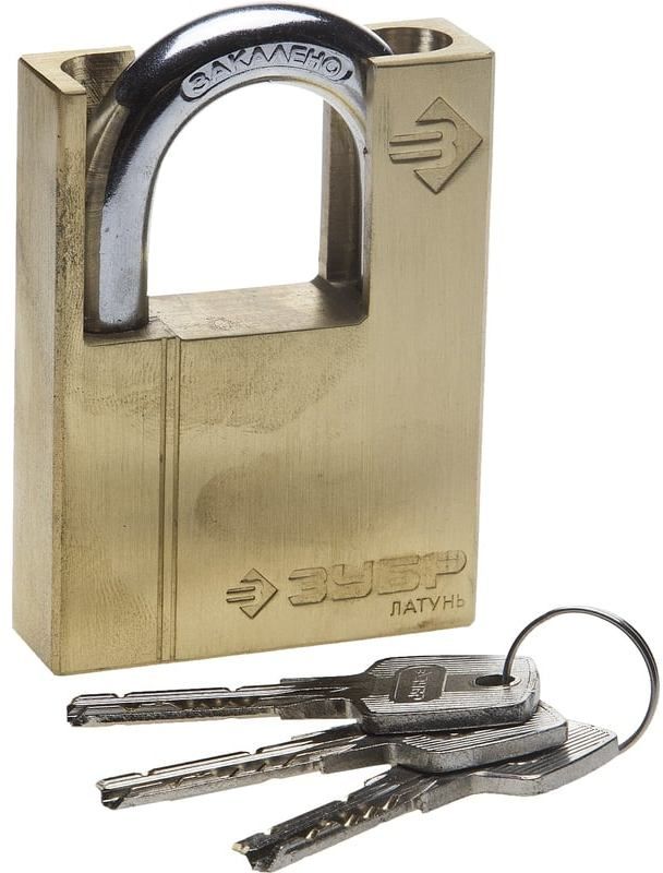 Замок навесной латунный с защищённой дужкой 60 мм с перфорированным ключом ЗУБР Эксперт 37297-60 - фото
