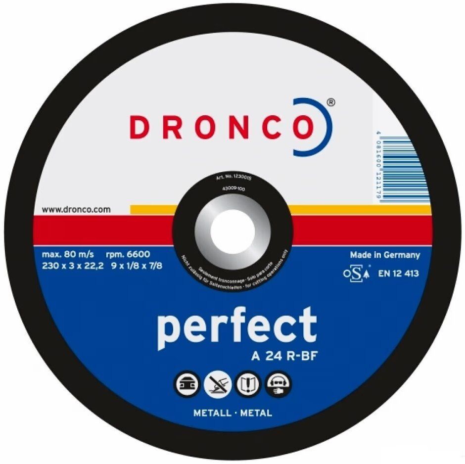 Диск отрезной по металлу 180х3х22,2 мм плоский Perfect А24R Dronco 1180015М