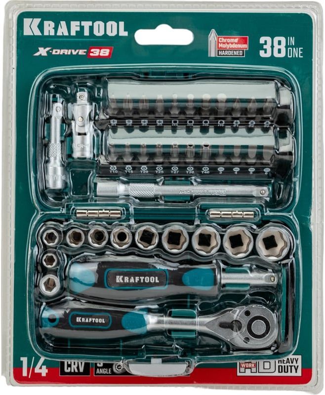 Набор торцовых головок и бит 1/4" Kraftool Universal-38 27970-H38, 38 предметов - фото
