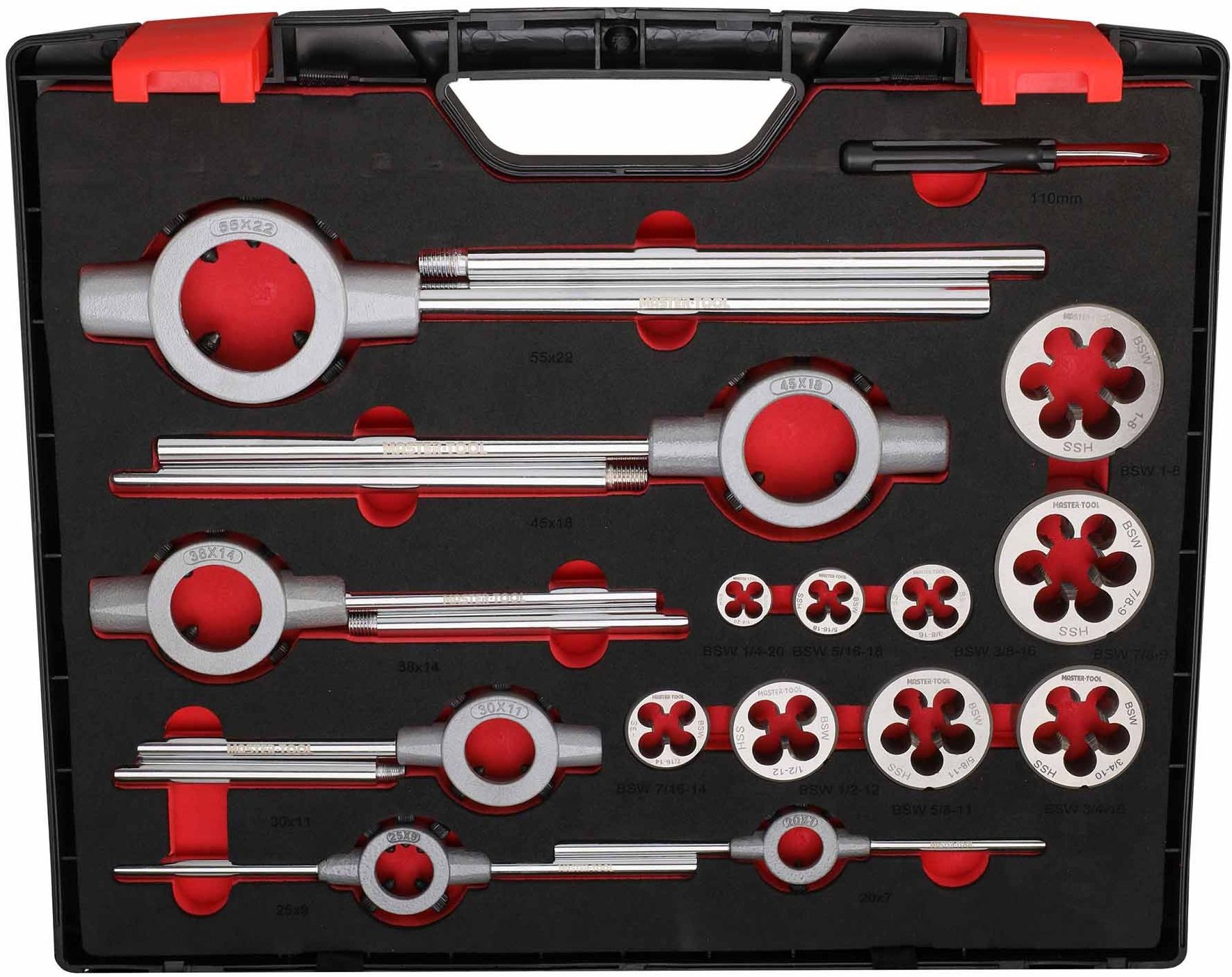 Набор метчиков и плашек BSW 1/4"-1" HSS-G Master-Tool 1014901010007, 46 предмметов - фото