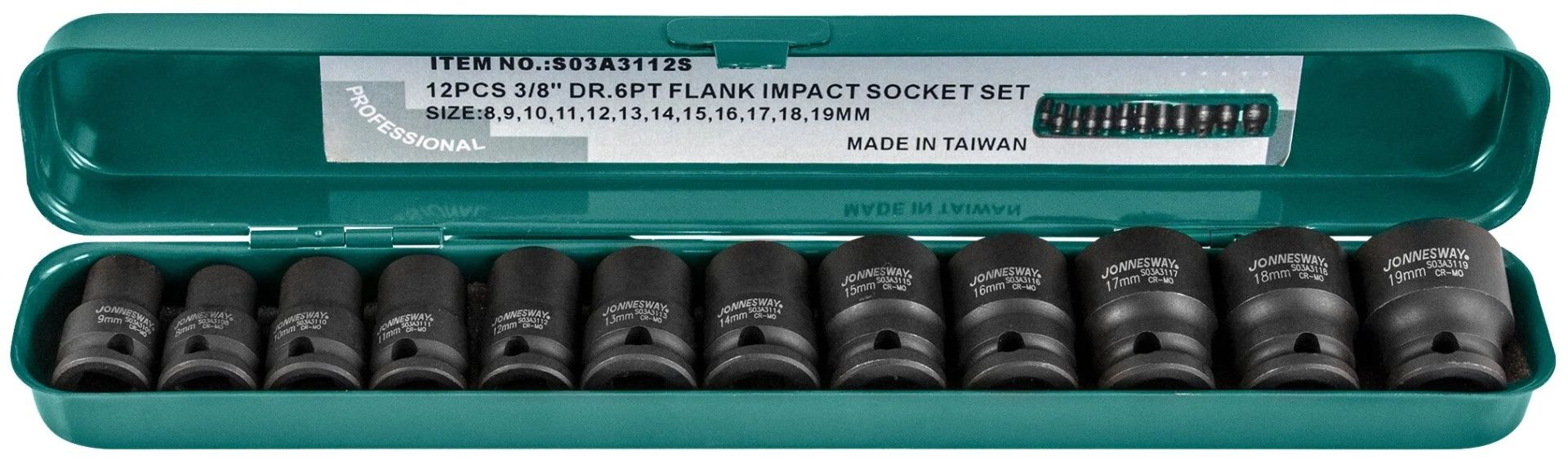 Изображение товара Набор торцевых головок 3/8&quot;DR ударных 8-19 мм Jonnesway S03A3112S, 12 шт