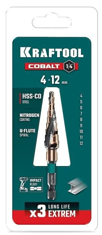 Сверло ступенчатое по металлу, спиральная канавка M35 Cobalt Kraftool - фото