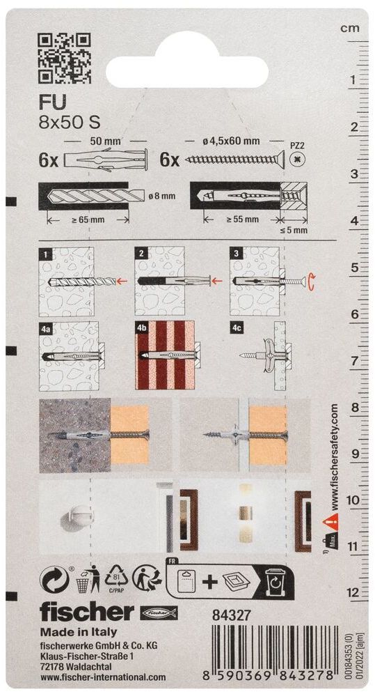 Универсальный дюбель FU 8x50 S с шурупом Fischer 084327, нейлон, 6 шт в блистере - фото