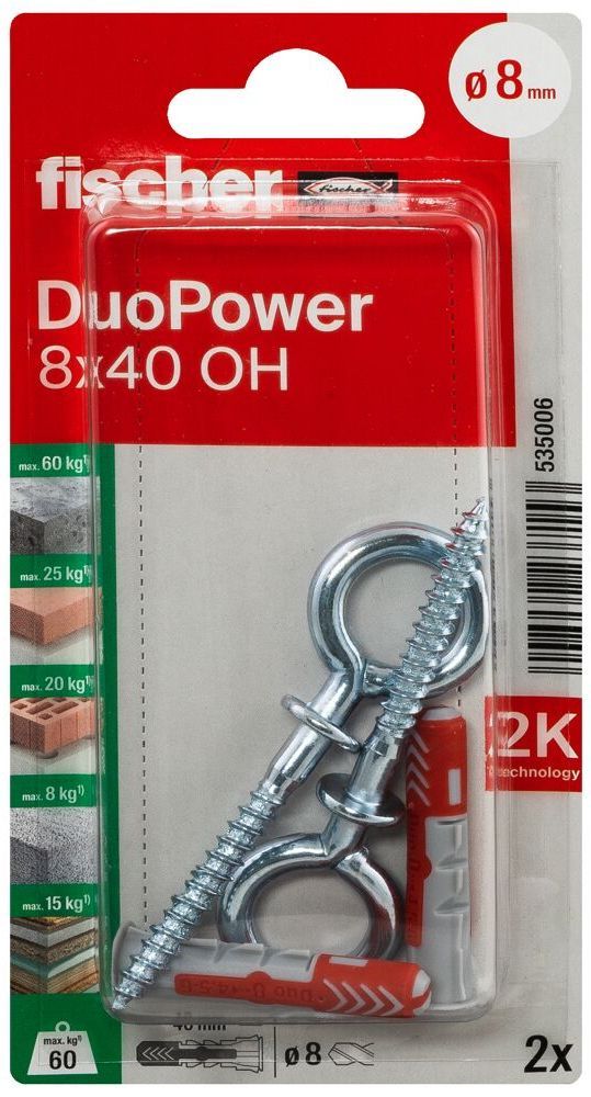 Дюбель 8х40 с рым-крюком OH Fischer DUOPOWER K NV 535006, нейлон, 2 штуки в блистере - фото