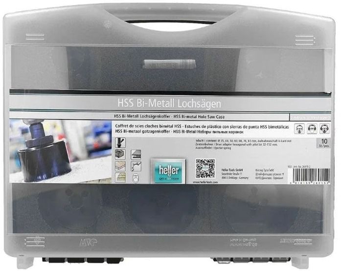 Набор коронок универсальных 35, 40, 50, 60, 68, 76, 83 мм Heller BiMetall 26015, 10 предметов в кейсе - фото