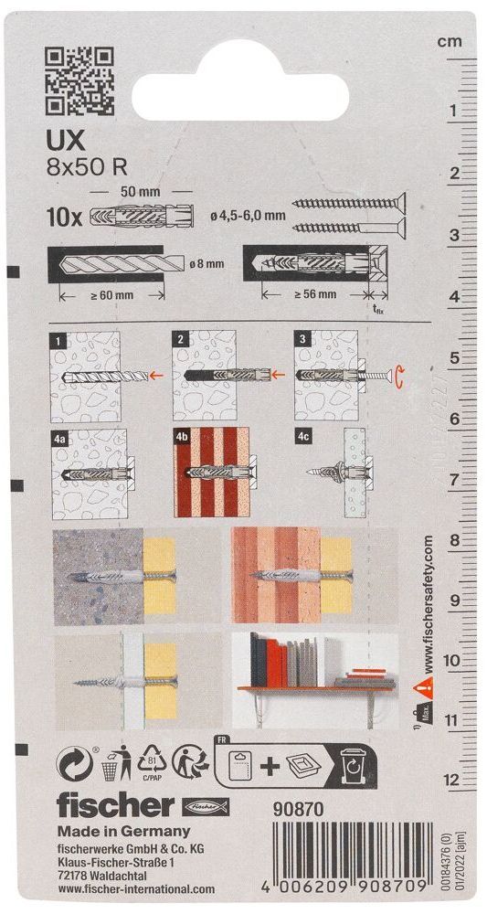 Универсальный дюбель UХR 8х50 с кромкой Fischer 090870, нейлон, 10 шт в блистере - фото