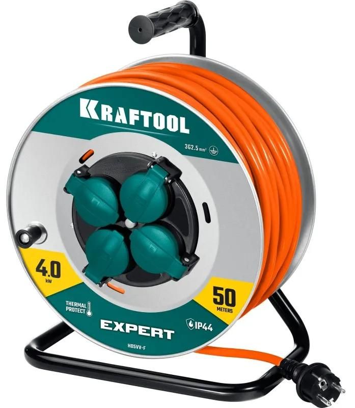Удлинитель силовой на стальной катушке ПВС, 3х2,5 мм², 50 м, 4000Вт, IP44 Expert Kraftool 55089-50 - фото