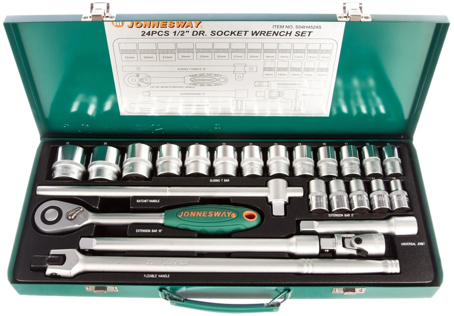 Изображение товара Набор торцевых головок 1/2'' Jonnesway S04H4524S, 24 шт, диаметр 10-32 мм