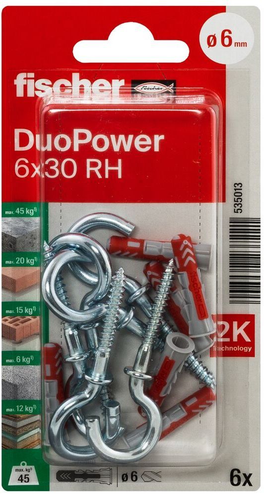 Дюбель 6х30 с круглым крюком RH Fischer DUOPOWER K NV 535013, нейлон, 6 штук в блистере - фото