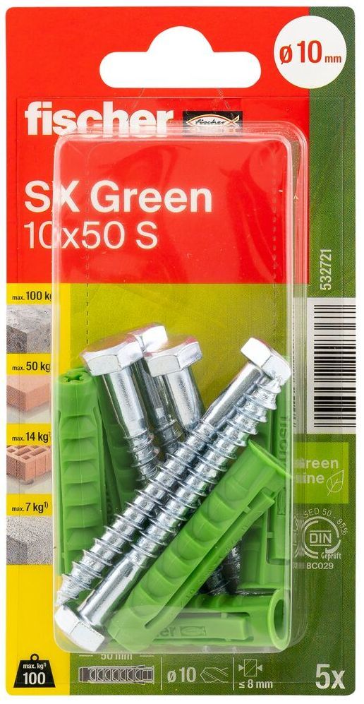 Дюбель SX Green 10х50 Fischer 532721 с кромкой и шурупом, зелёный нейлон, 5 шт в блистере  - фото