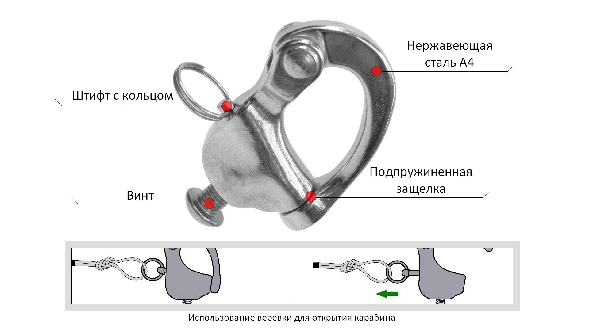 Карабин отцепной с винтом 10 мм 8289, нержавеющая сталь А4 - фото