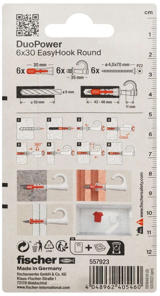 Дюбель 6х30 c винтом и круглым крюком EasyHook Fischer DUOPOWER 557923, нейлон, 6 шт в блистере - фото