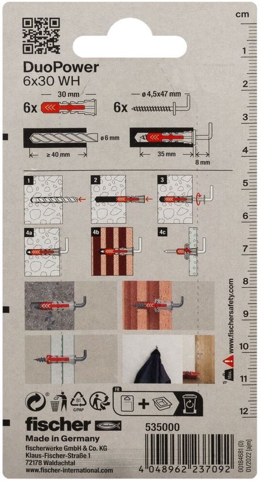 Дюбель 6х30 с угловым крюком WH Fischer DUOPOWER K NV 535000, нейлон, 6 штук в блистере - фото