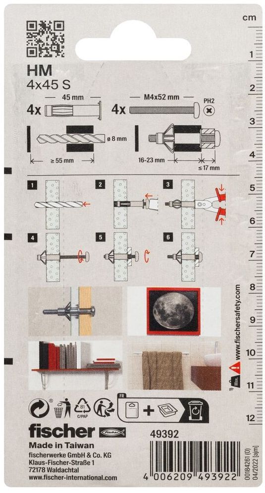 Анкер для пустотелых материалов HM S 4х45 Fischer 049392, оцинкованная сталь, 4 шт в блистере - фото