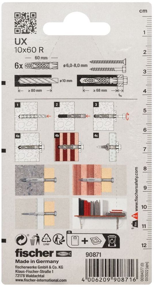 Универсальный дюбель UХR 10х60 с кромкой Fischer 090871, нейлон, 6 шт в блистере - фото