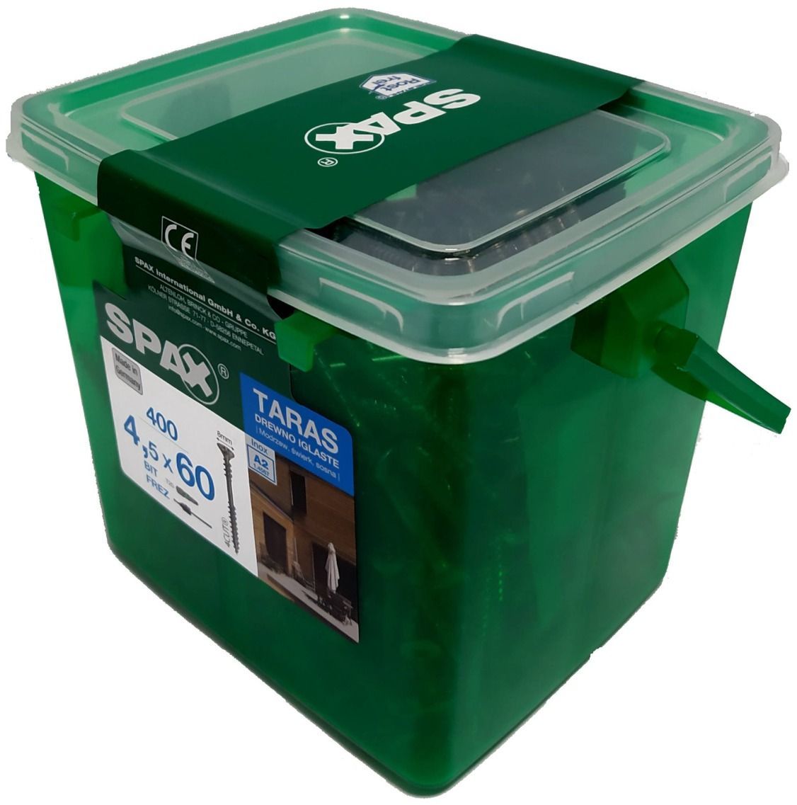 Саморез фасадный с полупотайной головкой и двойной резьбой 4,5х60 шлиц T-Star SPAX 4547000450609, нержавеющая сталь А2, (400 шт + бита, сверло) - фото