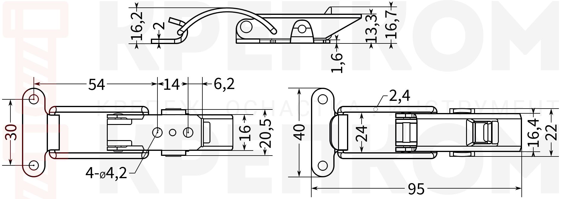 Замок-защелка с отверстием для блокировки и запором L=54 B55С-2S, нержавеющая сталь А2 - фото
