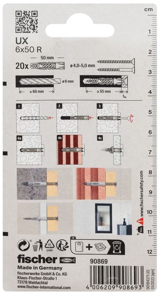 Универсальный дюбель UХR 6х50 с кромкой Fischer 090869, нейлон, 20 шт в блистере - фото