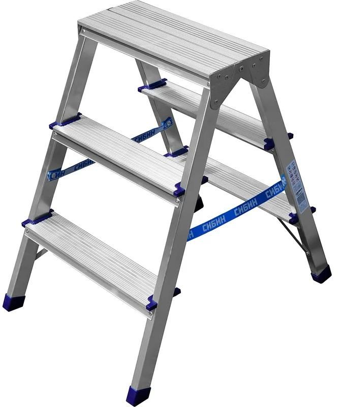 Стремянка двухсторонняя 3 ступени СИБИН 38825-03, алюминий - фото