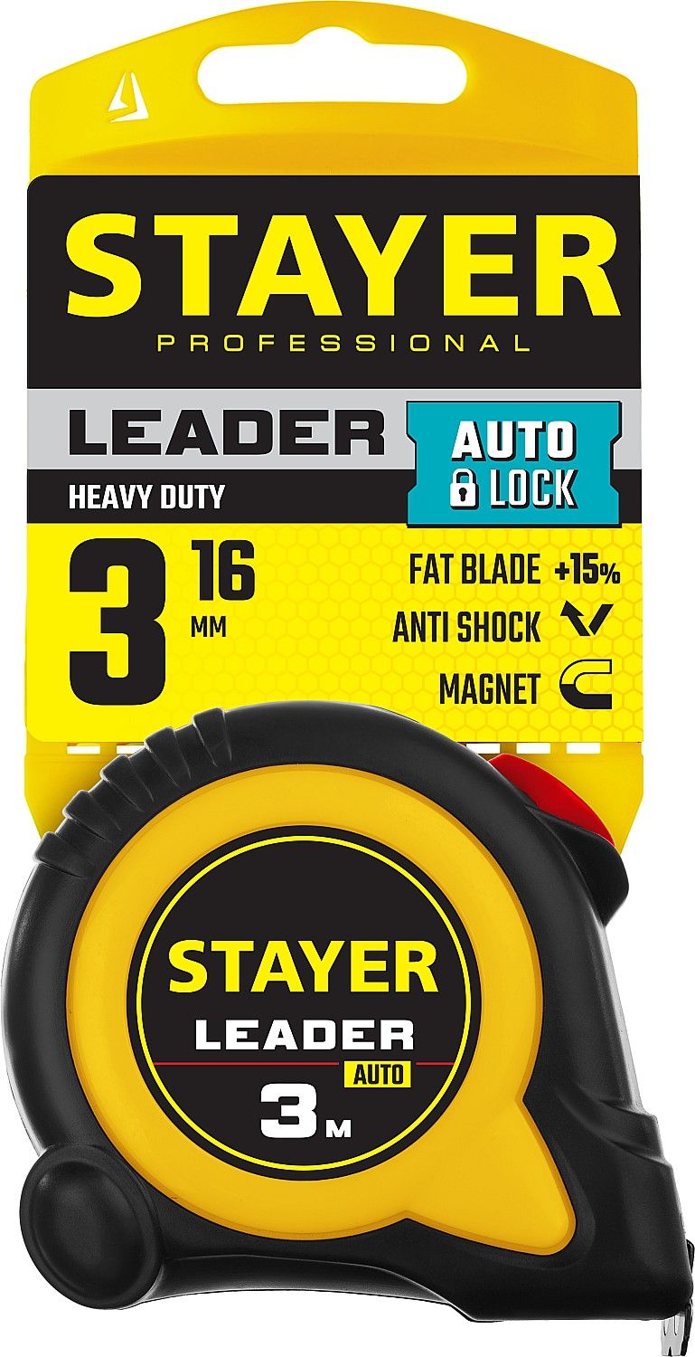 Рулетка измерительная с автостопом 3 м х 16 мм Stayer Leader Professional 3402-10-25 - фото