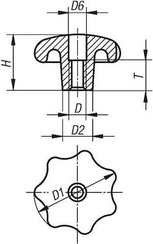 Ручка лепестковая со сквозным отверстием DIN 6336 D, чугун - фото