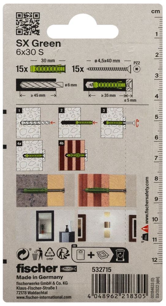 Дюбель SX Green 6x30 S Fischer 532715 с кромкой и потайным шурупом, зелёный нейлон, 15 шт в блистере - фото