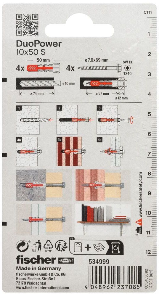 Дюбель 10x50 с винтом S Fischer DUOPOWER K NV 534999, нейлон, 4 штуки в блистере - фото