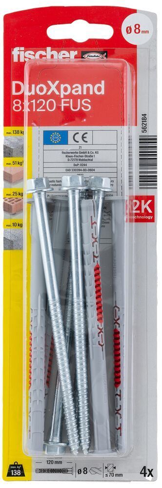 Дюбель фасадный DUOXpand 8x120 FUS Fischer 562184 с шестигранным шурупом и фланцем, оцинкованная сталь, 4 шт в блистере - фото