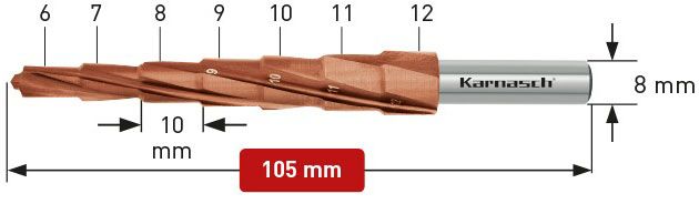 Сверло по металлу ступенчатое 6-12 мм Karnasch 213050, сталь HSS-XE покрытие TITAN-Tec - фото