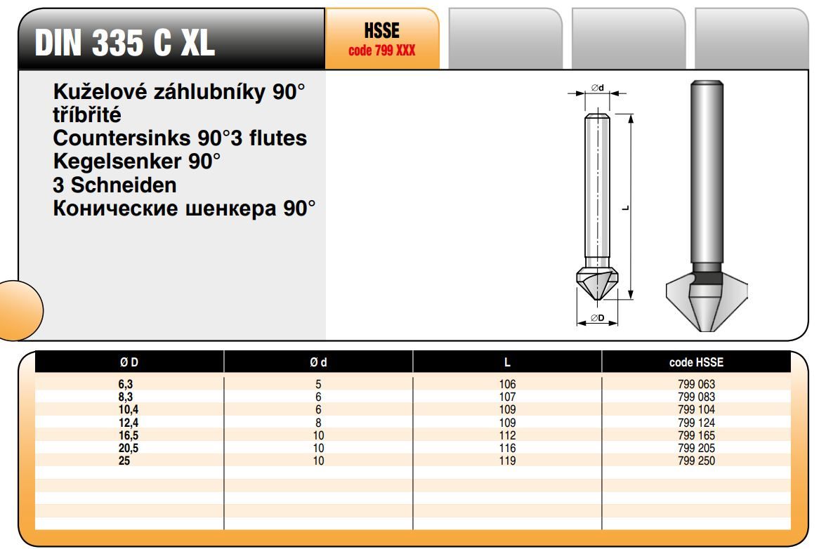 Зенковка по металлу удлиненная HSSE-Co5, DIN 335C Bucovice, 90° - фото