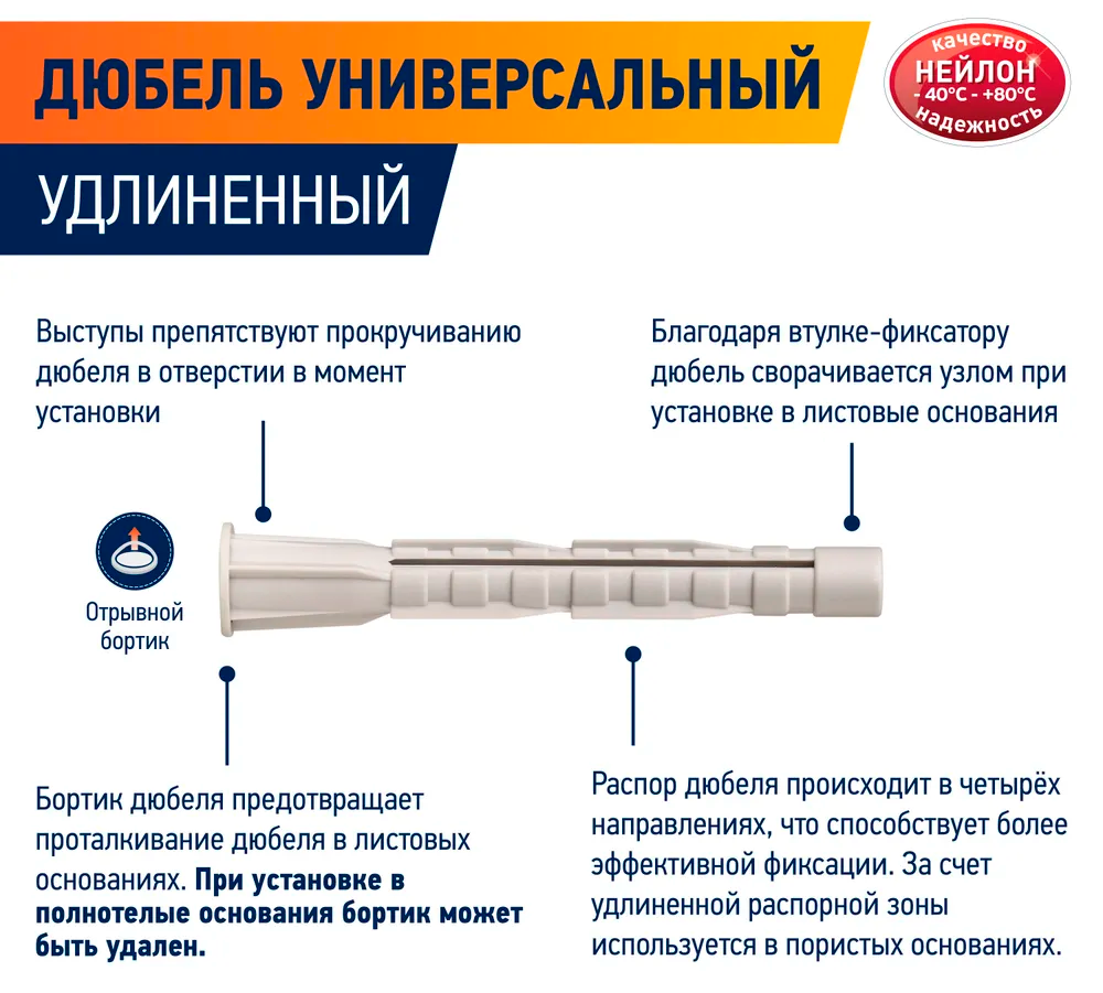 Дюбель универсальный удлиненный PDU N Европартнер, нейлон - фото