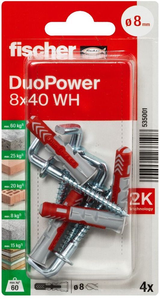 Дюбель 8х40 с угловым крюком WH Fischer DUOPOWER K NV 535001, нейлон, 4 штуки в блистере - фото