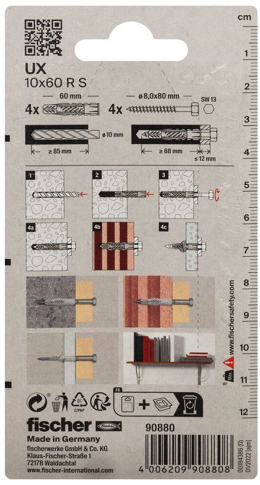 Универсальный дюбель UХR 10х60 S с кромкой и винтом Fischer 090880, нейлон, 4 шт в блистере  - фото