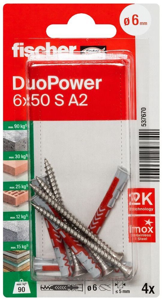 Дюбель 6x50 с шурупом из нержавеющей стали A2 S Fischer DUOPOWER K NV 537670, нейлон, 4 штуки в блистере - фото