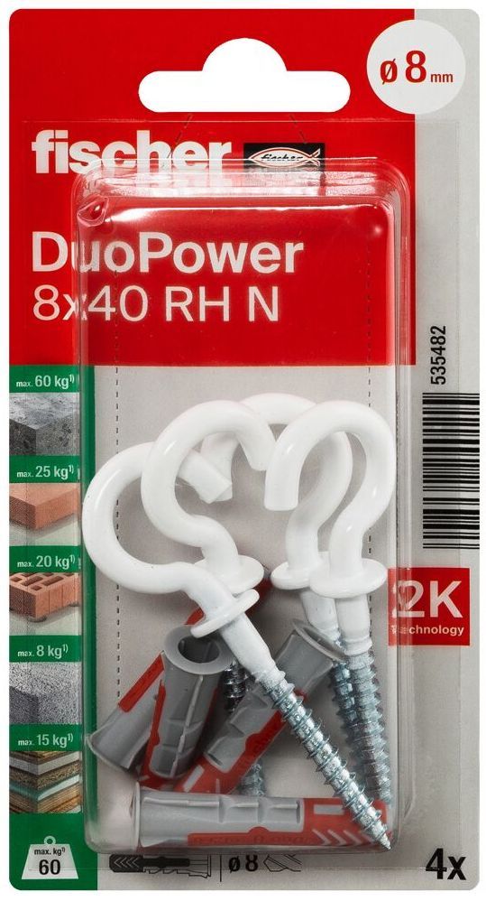 Дюбель 8х40 с круглым крючком с нейлоновым покрытием RH Fischer DUOPOWER N K NV 535482, нейлон, 4 штуки в блистере - фото