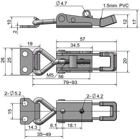 Замок регулируемый натяжной L=79-93 мм, нагрузка 102 кг, 5122C, нержавеющая сталь А2 - фото