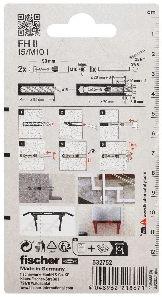 Анкер с внутренней резьбой FH II 15/M10 I Fischer 532752, оцинкованная сталь, 2 шт в блистере - фото