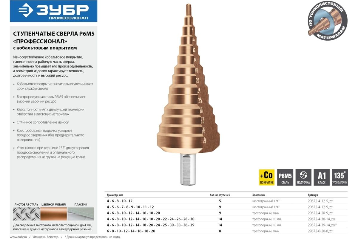 Сверло по металлу ступенчатое сталь Р6М5+Со Профессионал ЗУБР - фото