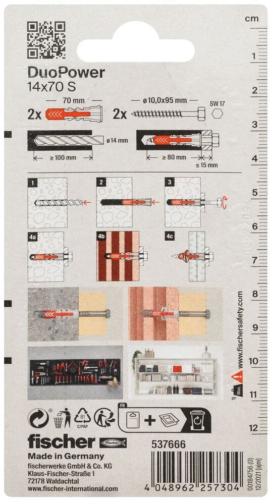 Дюбель 14x70 с винтом S Fischer DUOPOWER K NV 537666, нейлон, 2 штуки в блистере - фото