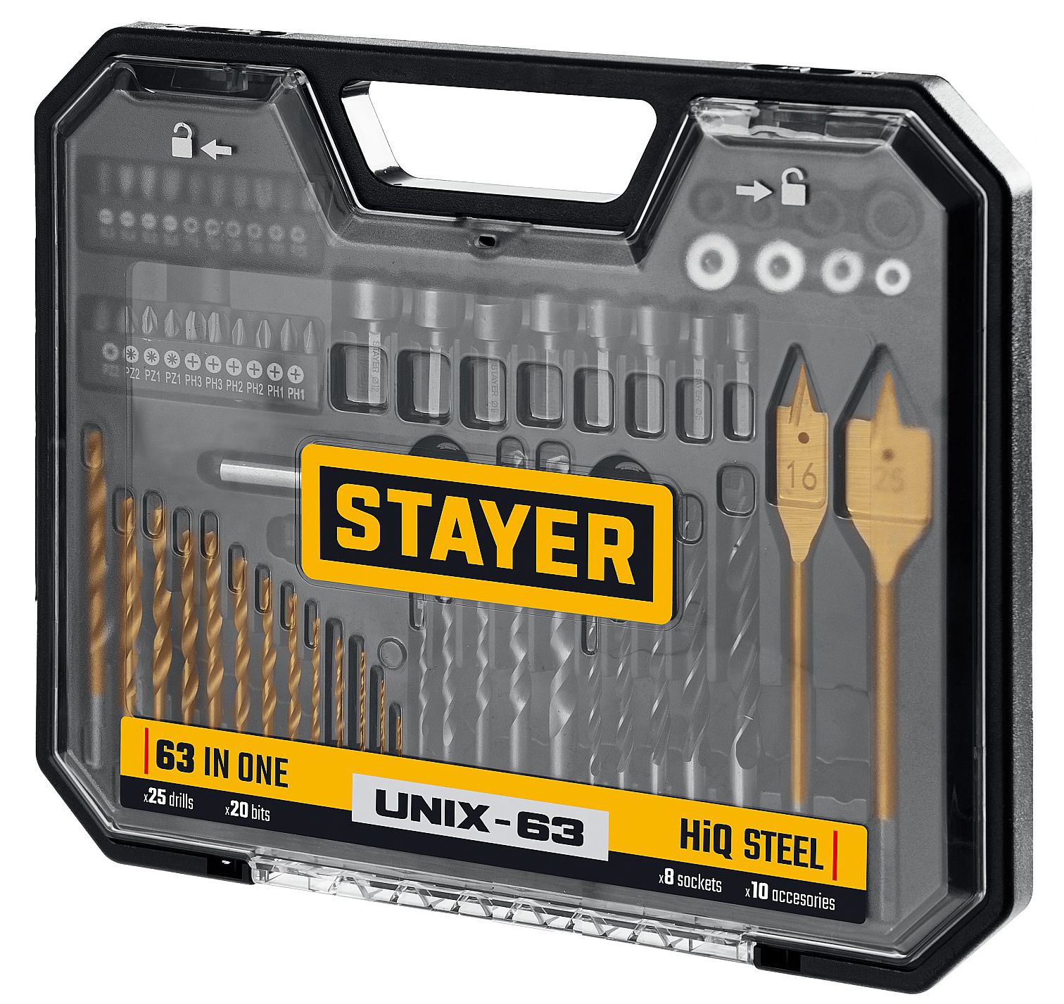 Набор универсальный комбинированный Unix-63 Stayer 29720-H63, 63 шт - фото