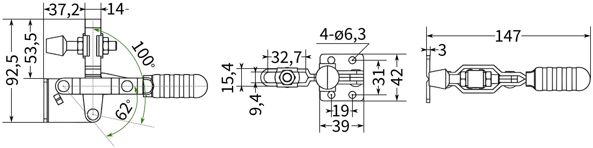 Прижим рычажный вертикальный L=92 мм, нагрузка 180 кг, HD-101D, оцинкованный - фото
