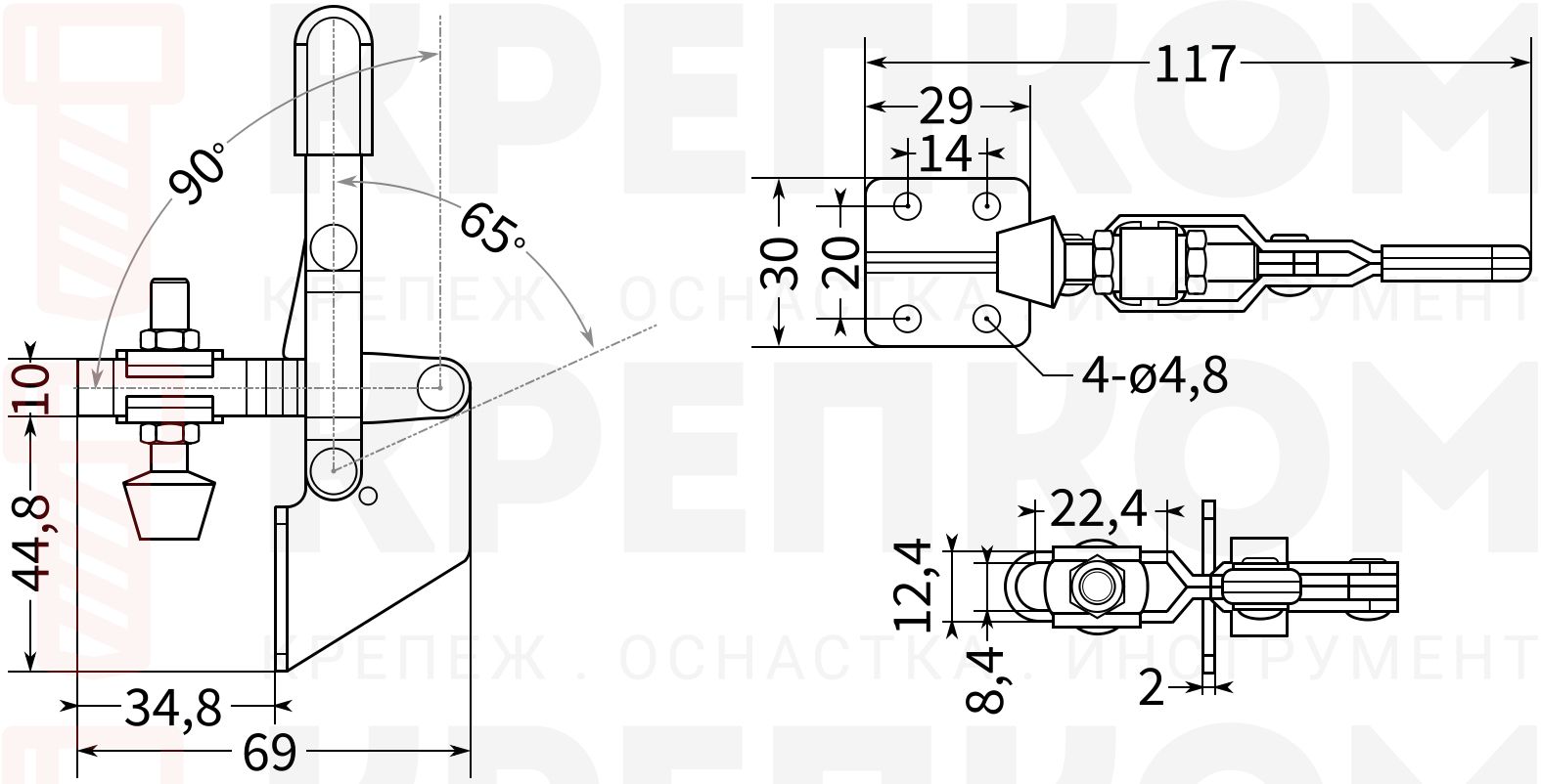 Прижим рычажный вертикальный L=117 мм, нагрузка 100 кг, HD-101B, оцинкованный - фото