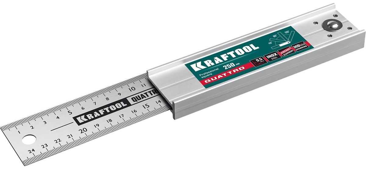 Угольник столярный 250 мм складной высокоточный Kraftool Quattro 3444, нержавеющая сталь, алюминий - фото