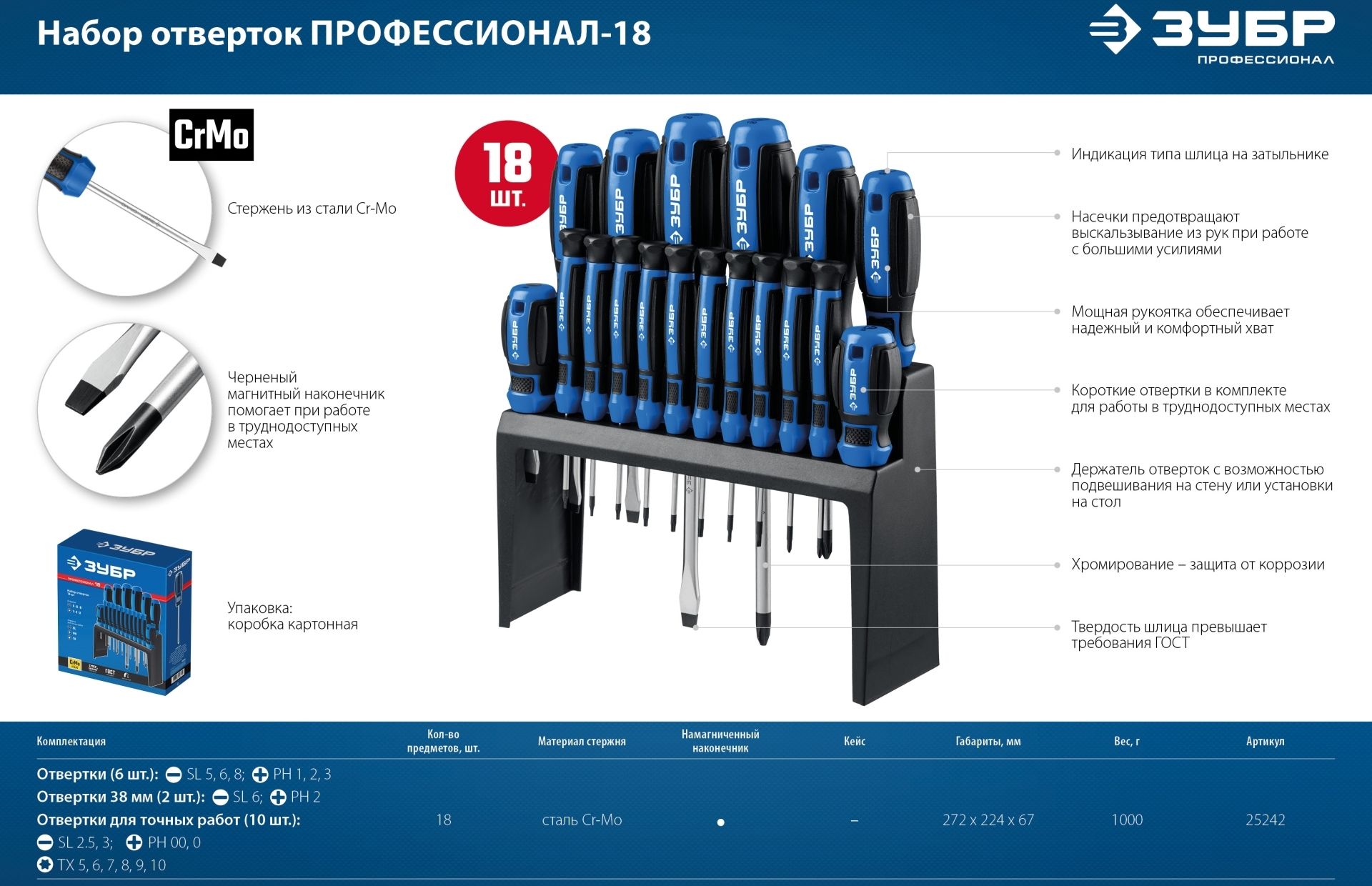 Набор отверток в держателе ЗУБР Профессионал-18 (25242), 18 предметов - фото