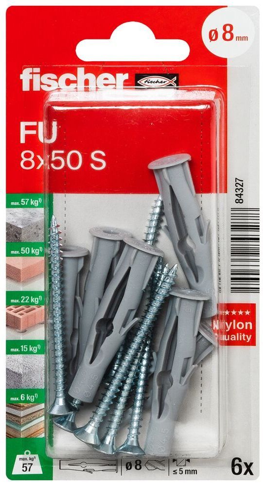 Универсальный дюбель FU 8x50 S с шурупом Fischer 084327, нейлон, 6 шт в блистере - фото