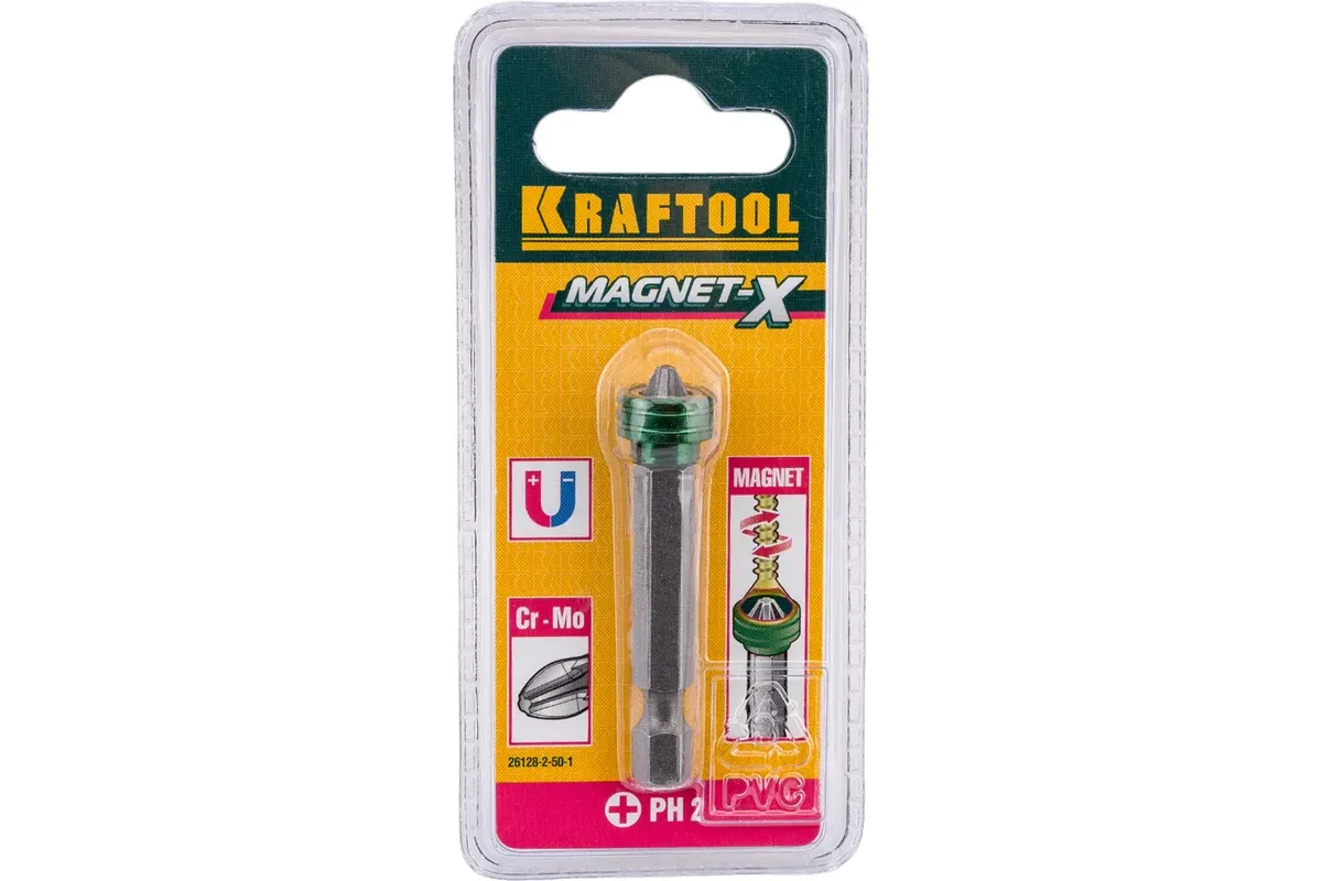Бита с магнитным держателем-ограничителем 50 мм, PH2 Magnet-X Kraftool 26128-2-50-1, хромомолибденовая сталь - фото