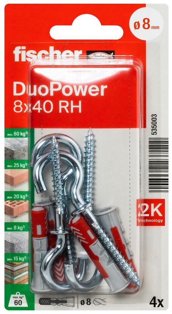 Дюбель 8х40 с круглым крюком RH Fischer DUOPOWER K NV 535003, нейлон, 4 штуки в блистере - фото