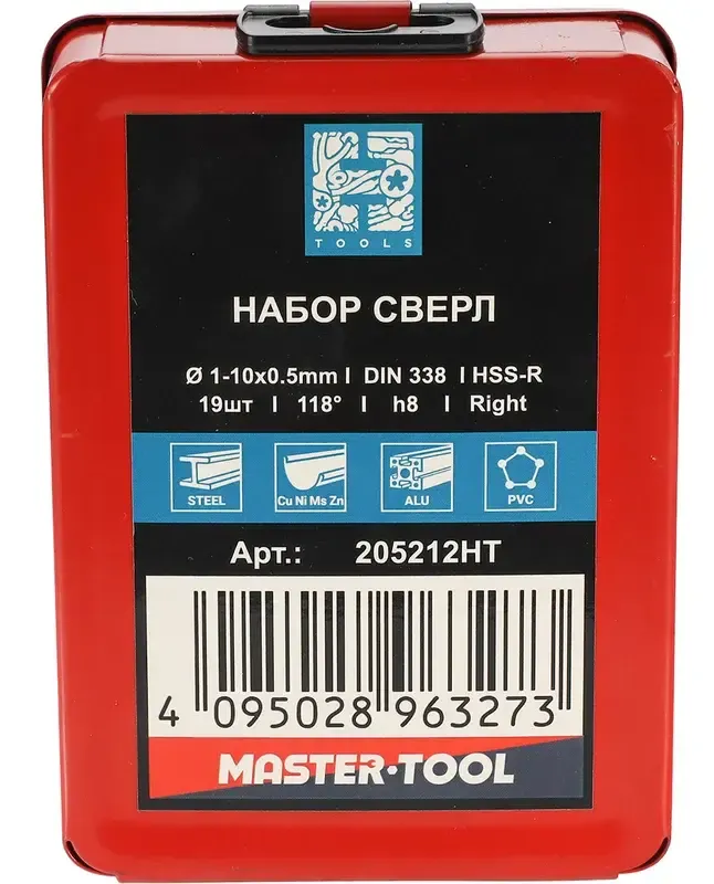 Набор сверл по металлу 1-10 мм HSS-R 118° DIN 338 H-Tools 205212HT, 19 шт  - фото